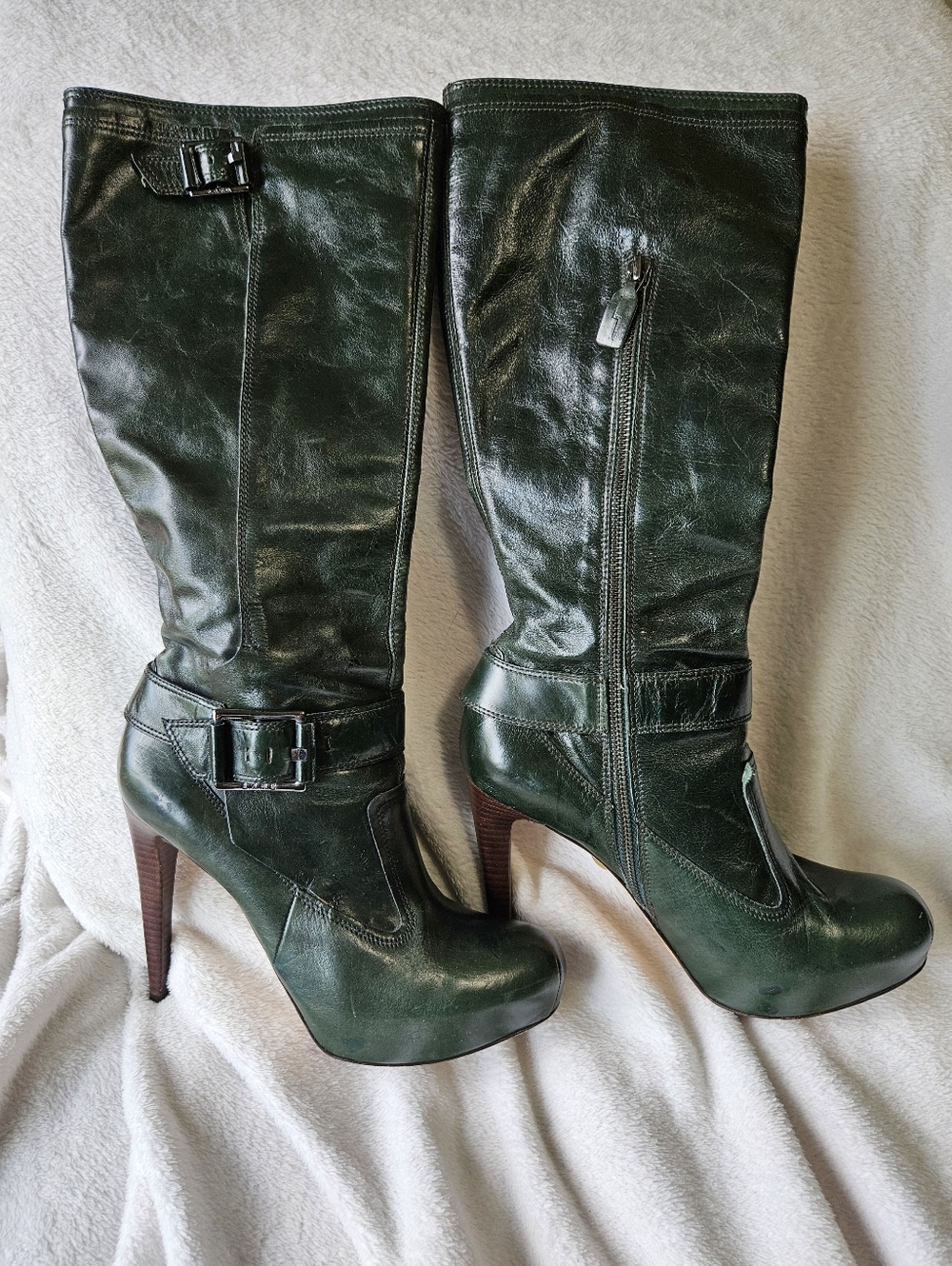 EUC Women's Vintage Y2K L.A.M.B Vincent Green Leather High Heel Boots Size 9.5
